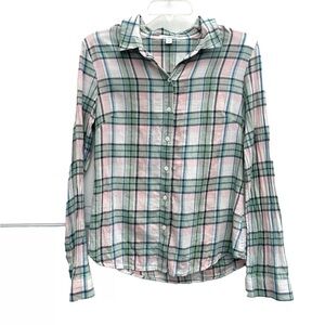 James Perse button down shirt WOMENS sz 3 pastel linen blend plaid long sleeves